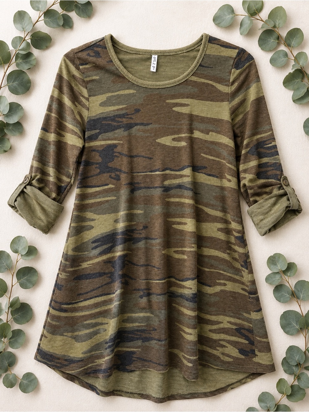 Z Supply Camo Print Long Sleeve Tunic - Olive & Dark Green Small
